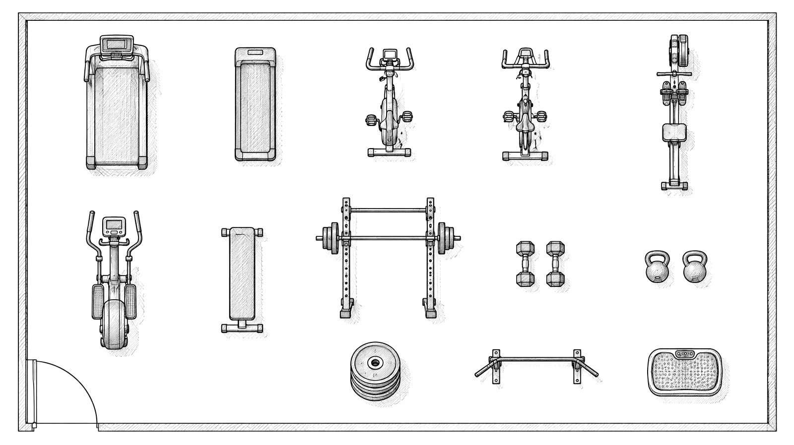 Plantegning af et træningsrum med løbebånd, gåbånd, motionscykel, spinningcykel, romaskine, crosstrainer, bænk, rack, håndvægte, kettlebells, vægtskiver, pull up bar og vibrationsplade